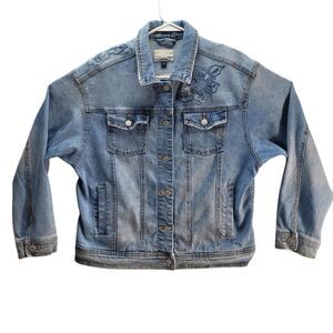 Universal Thread Denim Jean Jacket Stone‎ Wash Light Embroidered Shoulder Size M